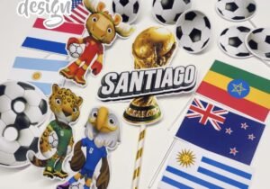 Caketopper con copa, mascotas banderas y pelotas