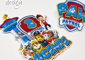 Paw Patrol nombre + edad en capas + escudo para frente de torta